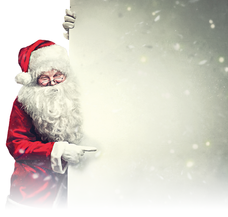 Eine Person in einem traditionellen Weihnachtsmannkost m mit rotem Mantel und M tze schaut hinter einem gro en wei en Schild hervor und zeigt darauf. Beschreibung von KI generiert