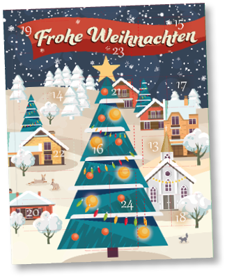 Weihnachtliche Winterlandschaft mit geschm cktem Tannenbaum, verschneiten H usern, B umen und einem roten Banner mit dem Schriftzug Frohe Weihnachten. Beschreibung von KI generiert