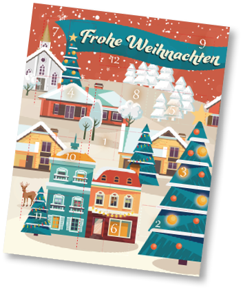 Weihnachtliche Dorfkulisse mit geschm ckten Tannenb umen, H usern, einer Kirche, Schnee und dem Schriftzug Frohe Weihnachten in einem stilisierten Adventskalender-Design. Beschreibung von KI generiert