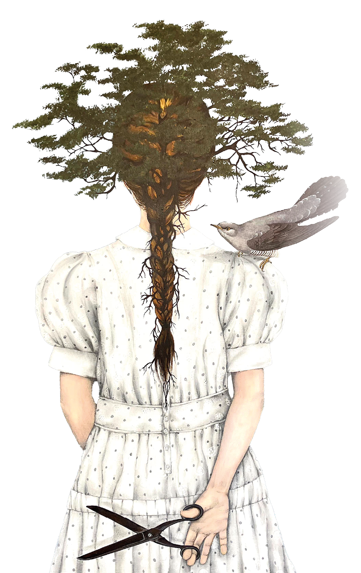 Eine Person in einem wei en Kleid mit Puff rmeln steht mit dem R cken zur Ansicht, hat Haare, die sich in einen Baum verwandeln, und h lt eine gro e Schere hinter dem R cken, w hrend ein Vogel auf der Schulter sitzt. Beschreibung von KI generiert