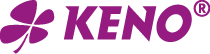 Das Logo zeigt das Wort KENO in Gro buchstaben neben einem stilisierten vierbl ttrigen Kleeblatt in Purpurfarbe. Beschreibung von KI generiert